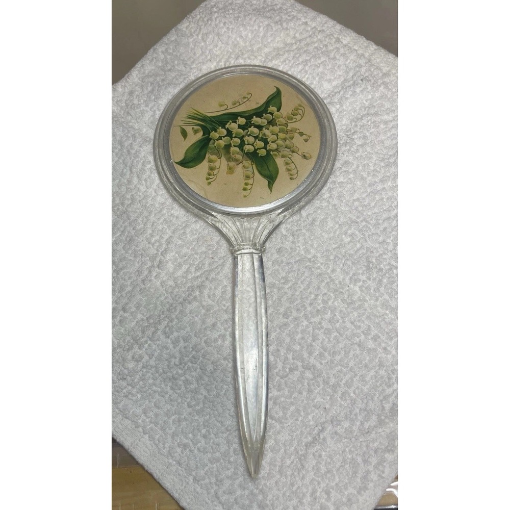 Vintage Clear Lucite Vanity Hand Held Mirror 9.5 Inch Lilly of the Valley